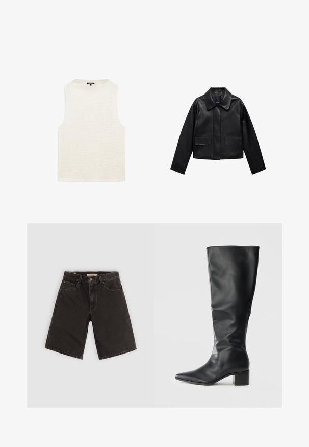 Giubbotto in pelle nera corto con colletto, chiusura frontale con bottoni e due grandi tasche a patta. Texture liscia e forma strutturata.; Top bianco senza maniche con un motivo testurizzato e ondulato. Collo rotondo, vestibilità comoda e senza accessori o dettagli visibili. Tessuto morbido.; Shorts in denim nero con taglio dritto, cinque tasche e accessori metallici, realizzati in un tessuto testurizzato e dotati di una vita standard.; Stivale in pelle nera fino al ginocchio con punta affilata e tacco a blocco, visto di lato su uno sfondo semplice.