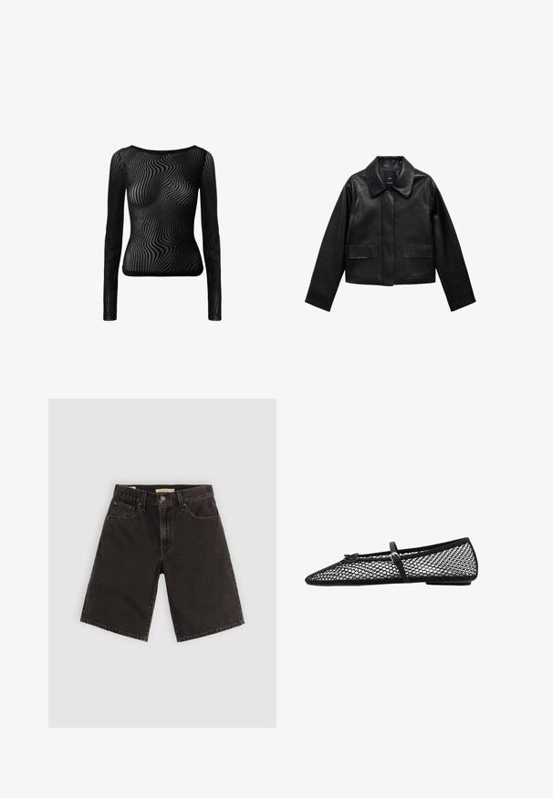 Sort cropped læderjakke med krave, frontlukning med knapper og to store flaplommer. Glat tekstur og struktureret form.; Sort langærmet top lavet af gennemsigtigt materiale med et bølget mønster. Har en scooped halsudskæring og en tætsiddende silhuet.; Sort denim shorts med lige snit, fem lommer og metaldele, med en tekstureret stof og et standard taljebånd.; Sort mesh ballet flad med spidse tæer, dekorativ strop og subtilt accent. Har et åbent netdesign og flad sål.