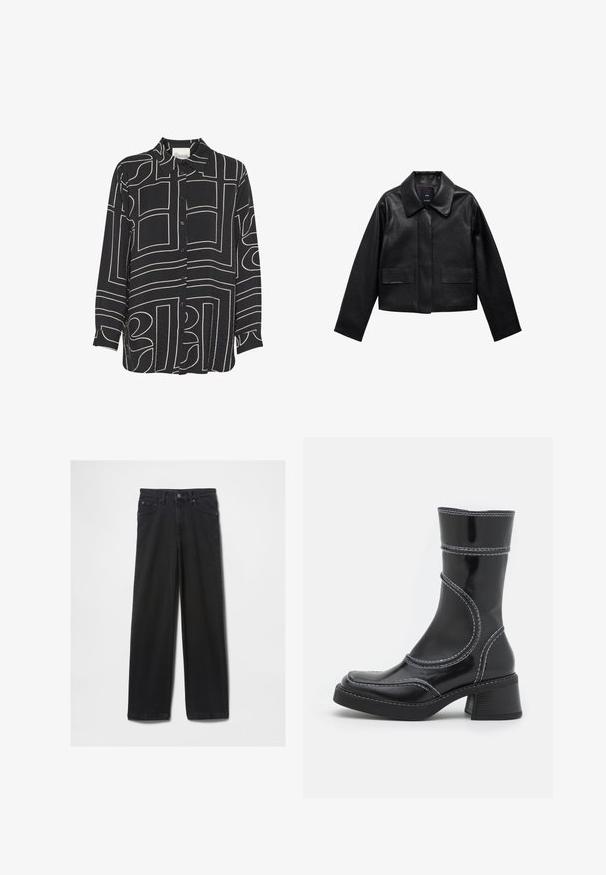 Czarna skórzana kurtka w kroju cropped z kołnierzem, z przodem zapinanym na guziki oraz dwoma dużymi kieszeniami z klapkami. Gładka faktura i zarysowany kształt.; Czarna koszula zapinana na guziki z długim rękawem, z abstrakcyjnymi beżowymi wzorami linii i klasycznym kołnierzykiem. Wykonana z lekkiej, teksturowanej tkaniny.; Czarne dżinsy z prostymi nogawkami, posiadające pięć kieszeni oraz zamek błyskawiczny, wykonane z grubego, trwałego materiału.; Czarne lakierowane botki za kostkę z białym przeszyciem, okrągłym noskiem i słupkowym obcasem. Posiadają zakrzywione linie designu oraz gładką teksturę.