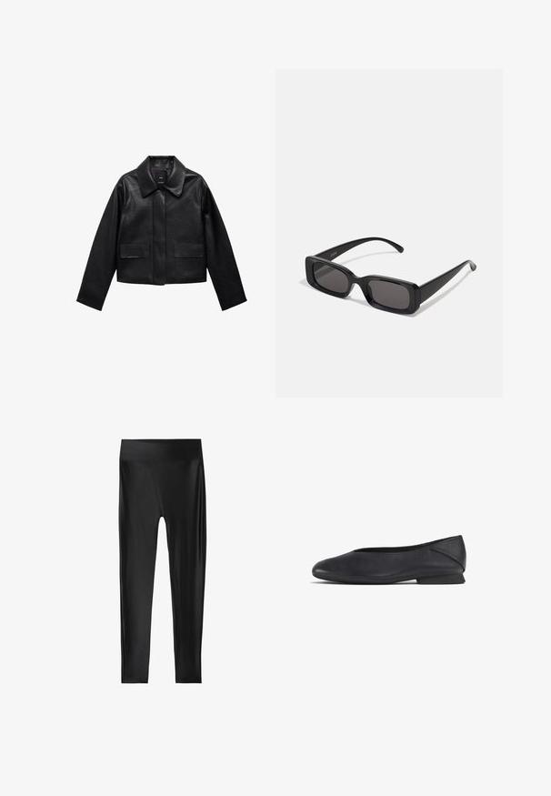 Zwart cropped leren jasje met een kraag, sluiting met voorste knopen en twee grote klepzakken. Vlotte textuur en gestructureerde vorm.; Witte tanktop van lichtgewicht stof. Kenmerkt een ronde halslijn en brede armsgaten, met een gladde textuur en een minimalistisch ontwerp.; Zwarte legging met een gladde, glanzende textuur, met een hoge taille en een volledig ontwerp, zonder zichtbare patronen of accenten.; Zwarte leren platte schoen met ronde teen en lage hak, ontworpen voor casual of formele gelegenheden.; Zwarte rechthoekige zonnebril met donkere lenzen, glanzende afwerking, brede pootjes en een robuust frameontwerp. Gegraveerde merknaam op één van de pootjes.