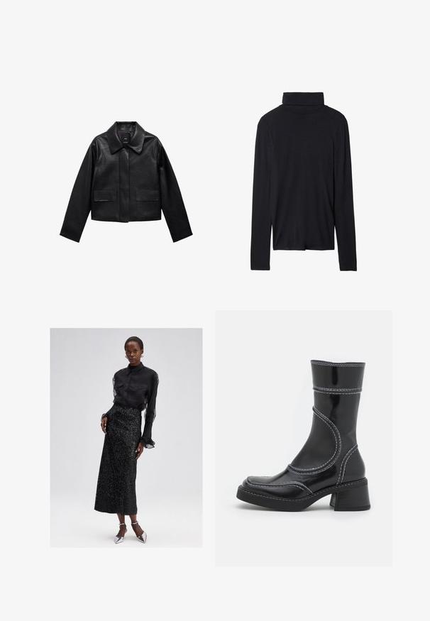 Schwarze, cropped Lederjacke mit Kragen, vorderem Knopfverschluss und zwei großen Klappentaschen. Glatte Textur und strukturierte Form.; Schwarzes Langarm-Thermo-Oberteil mit taillierter Passform, glatter Textur und hohem Kragen, mit abgesteppten Säumen und ohne sichtbare Muster.; Schwarze Bluse mit Knopfleiste und transparenten Ärmeln, kombiniert mit einem schwarzes, mit Pailletten besetztes Midikleid und silbernen High-Heels. Elegantes und strukturiertes Design.; Schwarze Lackleder-Ankle Boots mit weißen Nähten, abgerundeter Zehe und Blockabsatz. Besitzt geschwungene Designlinien und eine glatte Textur.