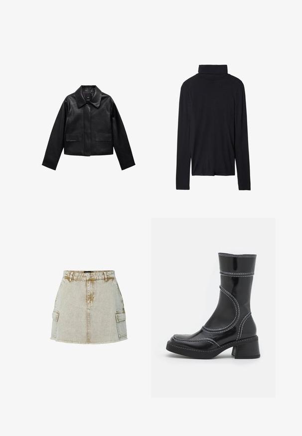 Zwart cropped leren jasje met een kraag, sluiting met voorste knopen en twee grote klepzakken. Vlotte textuur en gestructureerde vorm.; Zwarte lange mouwen coltrui met een aansluitend ontwerp, een gladde textuur en een hoge kraag, met gestikte zomen en zonder zichtbare patronen.; Beige denim rok met een rafelige zoom, twee zijzakken en een klassieke knoopsluiting. De stof heeft een licht gestructureerde afwerking.; Zwarte lakleren enkellaars met witte stiksels, ronde neus en blokhak. Kenmerkt zich door gebogen ontwerplijnen en een gladde textuur.
