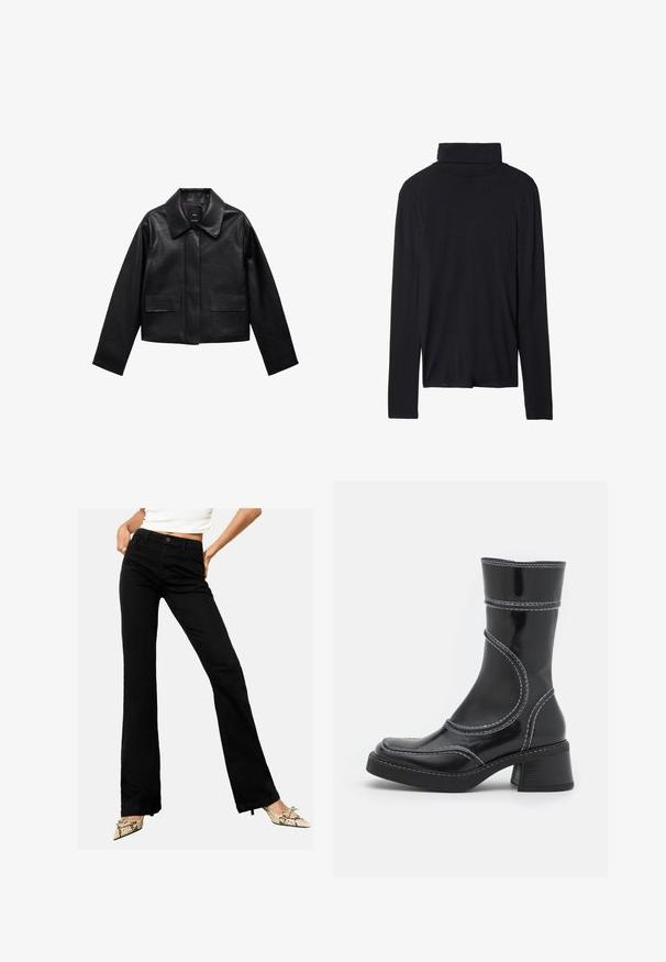Chaqueta de cuero negra recortada con cuello, cierre frontal de botones y dos grandes bolsillos con solapa. Textura suave y forma estructurada.; Top de punto negro de manga larga con diseño ajustado, textura suave y cuello alto, que presenta dobladillos cosidos y sin patrones visibles.; Pantalones vaqueros negros acampanados de mezclilla, con cierre frontal de botón y diseño de cinco bolsillos, exhibidos sobre un fondo neutro.; Botín de charol negro con costuras blancas, punta redondeada y tacón cuadrado. Presenta líneas de diseño curvas y una textura suave.