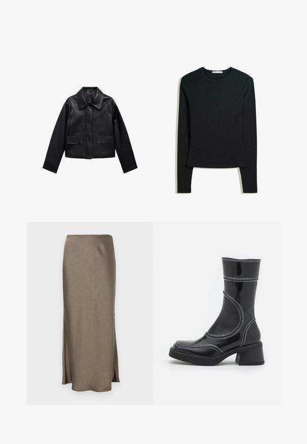 Čierna skrátená kožená bunda s golierom, predným zapínaním na gombíky a dvoma veľkými prekryvnými vreckami. Hladká textúra a štruktúrovaný tvar.; Čierna košeľa s dlhým rukávom vyrobená z jemnej látky, so zaobleným výstrihom a priliehavým strihom, s rovnými okrajmi a minimálnymi švovými detailmi.; Dlhá priliehavá sukňa v tlmenej taupe farbe, vyrobená z hladkej látky s postrannými rozparkami pre pohodlný pohyb. Čistý, jednoduchý dizajn.; Čierne lakované kožené členkové čižmy s bielym prešívaním, zaoblenou špičkou a blokovým podpätkom. Majú zakrivené línie dizajnu a hladkú textúru.