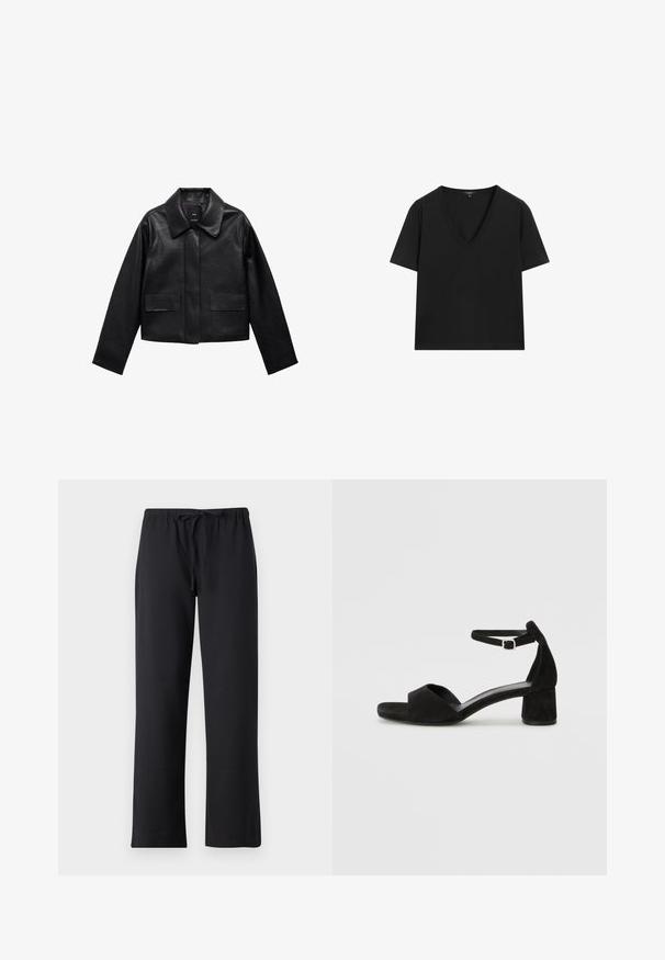 Giubbotto in pelle nera corto con colletto, chiusura frontale con bottoni e due grandi tasche a patta. Texture liscia e forma strutturata.; Maglietta nera a maniche corte con scollo a V, dal design semplice e aderente, su sfondo bianco.; Pantaloni neri in tessuto morbido, con vita regolabile tramite cordino e gamba dritta. Nessun motivo o hardware visibile.; Sandali con tacco in suede nero, con una sottile fascia alla caviglia, design open toe e un discreto tacco a blocco. Texture liscia e decorazioni minime.