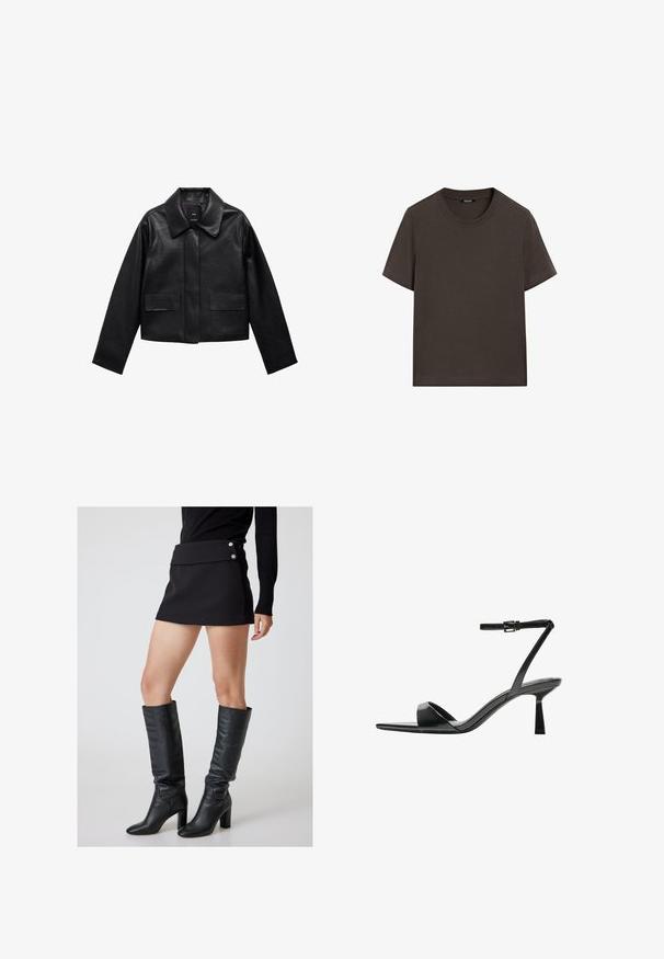 Czarna skórzana kurtka w kroju cropped z kołnierzem, z przodem zapinanym na guziki oraz dwoma dużymi kieszeniami z klapkami. Gładka faktura i zarysowany kształt.; Czarnobrązowa, krótki rękaw, bawełniana koszulka. Posiada okrągły dekolt i luźny krój, bez widocznych wzorów lub akcentów.; Czarna mini spódnica z podwiniętym pasem, ozdobiona srebrnymi guzikami, w połączeniu z czarnymi skórzanymi kozakami do kolan na grubym obcasie.; Bershka - Sandały na obcasie