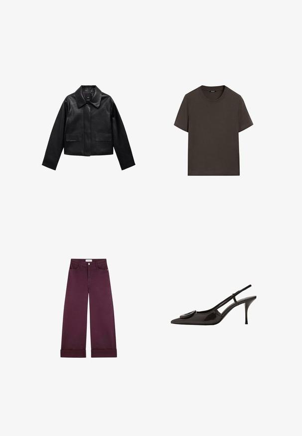 Svart kort läderjacka med krage, knappstängning framtill och två stora fickor med klaff. Slät textur och strukturerad form.; Mörkbrun t-shirt med kort ärm tillverkad av bomull. Har en rund halsringning och en avslappnad passform, utan synliga mönster eller dekorationer.; Breda byxor i djupröd denim med framfickor, knappstängning och uppvikta fållar för extra detalj.; Svart lackläder slingback-sko med spetsig tå, minimalistisk design, liten cirkulär accent på framfoten och smal klack.
