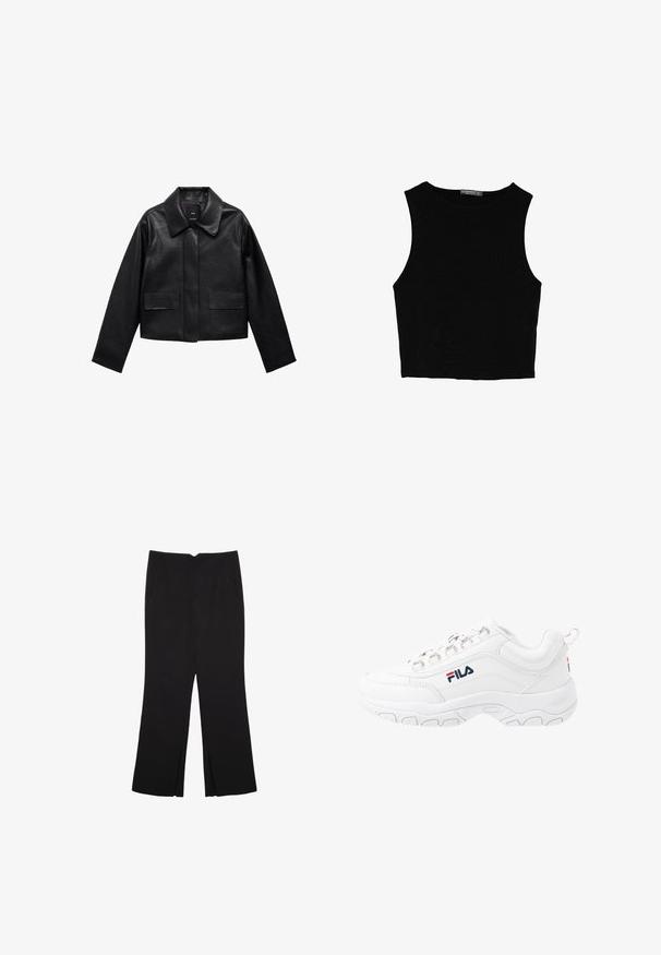 Čierna skrátená kožená bunda s golierom, predným zapínaním na gombíky a dvoma veľkými prekryvnými vreckami. Hladká textúra a štruktúrovaný tvar.; Čierny bezrukávový crop top vyrobený z hladkej tkaniny, so zaobleným výstrihom a čistým, jednoduchým dizajnom bez vzorov alebo kovania.; Čierne nohavice so strihom rovného strihu, s prednými vreckami a bočnými rozparkami na leme. Vyrobené z mäkkej, hladkej tkaniny. Vhodné na rôzne príležitosti.; Biele športové tenisky s hladkým koženým zvrškom, s textúrovanou gumovou podrážkou, kovovými očkami a kontrastným logom na boku.