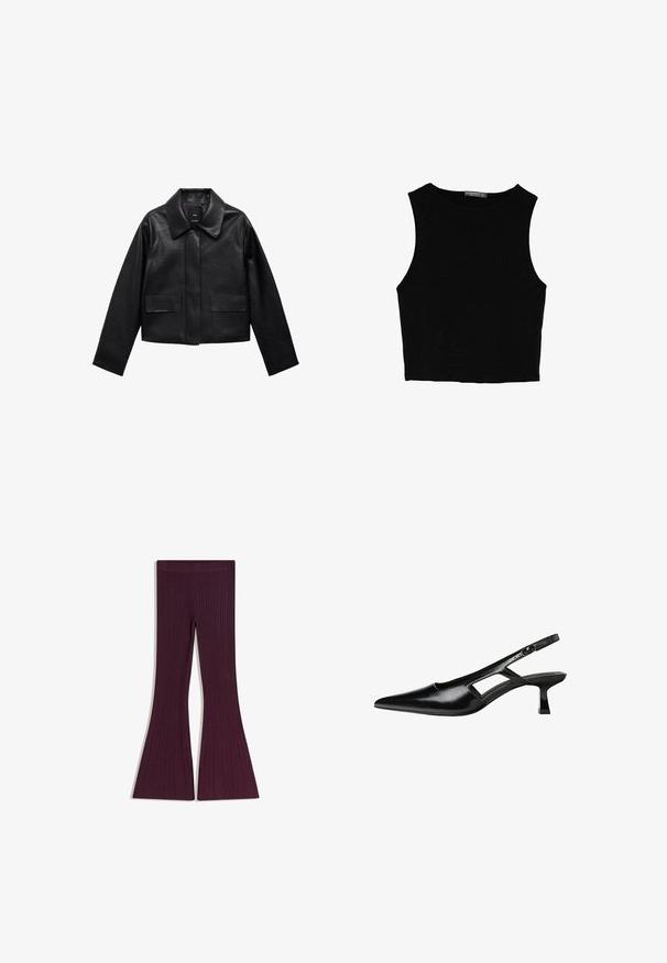 Czarna skórzana kurtka w kroju cropped z kołnierzem, z przodem zapinanym na guziki oraz dwoma dużymi kieszeniami z klapkami. Gładka faktura i zarysowany kształt.; Czarny bezrękawnik crop top z gładkiego materiału, z okrągłym dekoltem i czystym, prostym wzornictwem, bez wzorów czy metalowych elementów.; Rozszerzane legginsy w bogatym burgundzie, z teksturowanym prążkowanym wzorem i bezpiecznym, elastycznym paskiem w talii zapewniającym komfort i dopasowanie.; Czarne lakierowane czółenka na odkrytej pięcie z wąskim noskiem, z wykrojem po bokach i małym kwadratowym obcasem. Gładka faktura z minimalnymi akcentami.