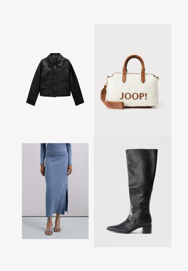 Zwart cropped leren jasje met een kraag, sluiting met voorste knopen en twee grote klepzakken. Vlotte textuur en gestructureerde vorm.; Twee mouwloze geribbelde coltruien in bruin en zwart, weergegeven op een effen witte achtergrond.; Vrouw in een blauwe gebreide midi-rok met een zijslits en metallic enkelbandhakken, op een effen achtergrond.; Zwarte leren kniehoge laars met een spitse neus en blokhak, gezien vanaf de zijkant tegen een effen achtergrond.; Witte pluche tas met bruine leren accenten en handvatten. Bevat een bruine "JOOP!" logo. Inclusief een afneembare schouderriem.; Zilveren hartvormige ketting met sprankelende stenen, gedragen over een lichtroze, gedrapeerd kledingstuk. Eenvoudig ontwerp met een veilige sluiting.