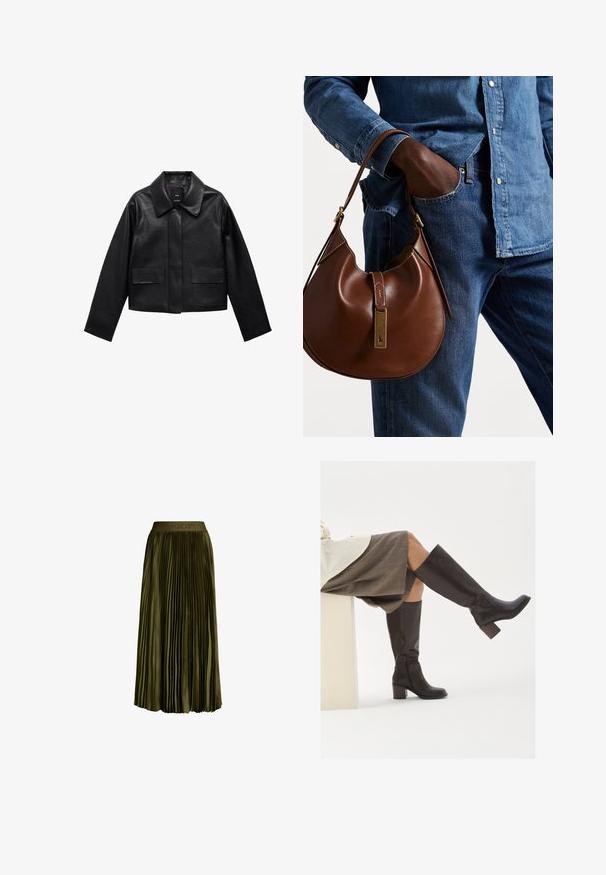 Czarna skórzana kurtka w kroju cropped z kołnierzem, z przodem zapinanym na guziki oraz dwoma dużymi kieszeniami z klapkami. Gładka faktura i zarysowany kształt.; Dwie bezrękawnikowe, prążkowane bluzki z golfem w kolorze brązowym i czarnym, prezentowane na jednolitym białym tle.; Oliwkowa, midi długości plisowana spódnica z elastycznym paskiem, z subtelnym logo "JOOP!", tkanina przypominająca satynę oraz zwiewny fason.; Brązowe skórzane kozaki do kolan z kwadratowym czubkiem, grubym obcasem i bocznym zamkiem błyskawicznym. Gładka faktura z polerowanym wykończeniem.; Brązowa skórzana torebka hobo w zaokrąglonym kształcie, z akcentami w złotym kolorze i kontrastowym przeszyciem. Połączona z dżinsową koszulą i spodniami dżinsowymi.