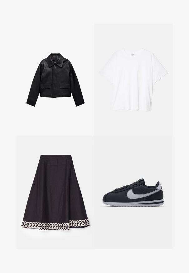 Crna skraćena kožna jakna s kragnom, prednjim kopčanjem na dugmad i dva velika džepa s preklopom. Glatka tekstura i oblik s jasnim linijama.; Bijela pamučna majica s kratkim rukavima, okruglim izrezom, opuštenim krojem i šivenim rubom. Etiketa je vidljiva na unutarnjoj strani vrata.; By Malene Birger LEONNE - Suknja A kroja - black; Crne atletske cipele sa sivim detaljima, glatki sintetički gornji deo, teksturirana potplat, zaobljenog vrha i ravne vezice. Klasičan dizajn sa detaljima logotipa.