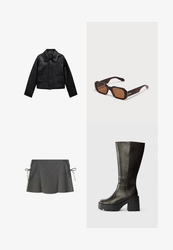 Jachetă din piele neagră, scurtă, cu guler, închidere cu buton în față și două buzunare mari cu clapetă. Textură netedă și formă bine definită.; Țesătură de bumbac neagră cu o textură netedă și un guler rotund, având un model de granulație subtil și uniform. Fără logo-uri sau accente vizibile.; Fustă gri cu dungi fine, având pliuri laterale, fundițe și o siluetă evazată. Textura materialului pare netedă, cu un ușor luciu.; Botă de piele maro, până la genunchi, cu vârf rotund, platformă groasă neagră și toc bloc. Prezintă o textură netedă și detalii minime de cusătură.; Ochelari de soare cu rame tortoise, de formă hexagonală, cu lentile maro și logo-ul auriu 'QUAY' pe braț. Textură netedă, design robust.