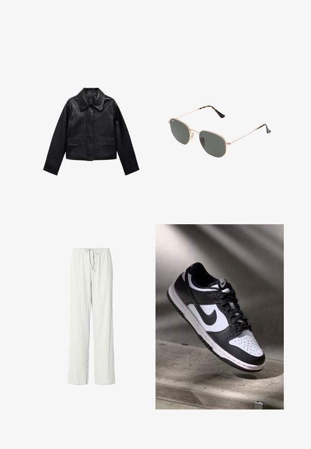 Giubbotto in pelle nera corto con colletto, chiusura frontale con bottoni e due grandi tasche a patta. Texture liscia e forma strutturata.; Maglietta bianca a maniche lunghe, con scollo rotondo, vista da dietro, posata piatta su uno sfondo bianco.; Pantaloni da pigiama grigio chiaro con vestibilità rilassata, tessuto a coste, vita elasticizzata e coulisse regolabile. Lunghezza totale e tessuto liscio.; Sneaker Nike Dunk Low in bianco e nero con tomaia in pelle, punta perforata e lacci neri, caratterizzata da una suola bianca e dettagli del logo.; Occhiali da sole con montatura in metallo dorato e lenti verde scuro, stile aviator, con aste sottili e dettagli in tartaruga sulle punte.; Borsa a tracolla in pelle trapuntata nera con una catena decorativa. Texture morbida, forma strutturata e silhouette morbida.