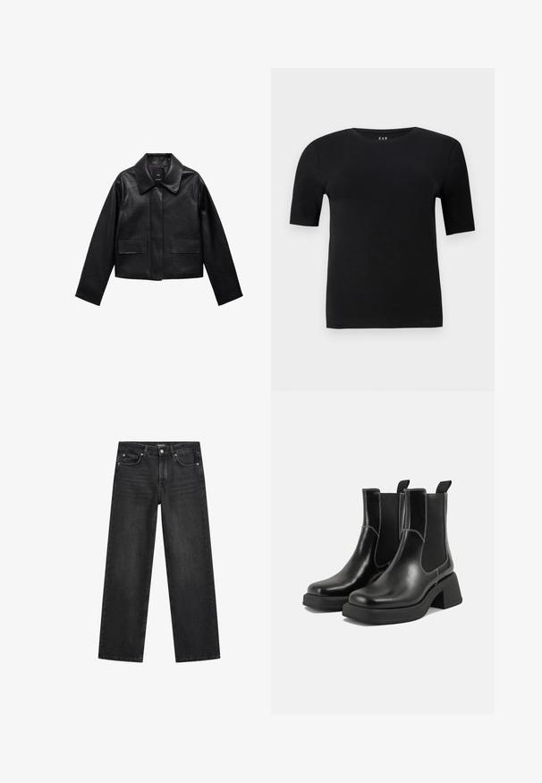 Zwart cropped leren jasje met een kraag, sluiting met voorste knopen en twee grote klepzakken. Vlotte textuur en gestructureerde vorm.; Zwart T-shirt met korte mouwen van zachte katoen, met een ronde halslijn en een eenvoudig ontwerp zonder zichtbare patronen of accenten.; Wijdvallende jeans van donkergrijs denim. Bevat vijf zakken, een knoopsluiting aan de voorkant en subtiele wassing langs de bovenbenen. Klassiek ontwerp.; Zwarte leren Chelsea-boots met een chunky hak, elastische zijpanelen en contrasterende witte stiksels. Gestructureerde afwerking.
