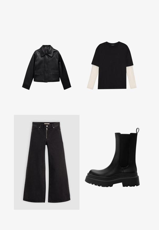 Čierna skrátená kožená bunda s golierom, predným zapínaním na gombíky a dvoma veľkými prekryvnými vreckami. Hladká textúra a štruktúrovaný tvar.; Čierne tričko z bavlny, s krátkymi rukávmi cez biele tričko s dlhým rukávom, s jemným textúrovaným vzorom. Design s okrúhlym výstrihom.; Dlhé nohavice vo voľnom strihu z čierneho denimu so zipsom vpredu, päť vrecúškovým dizajnom a jemnými stehovými detailmi. Hladká textúra a neformálny štýl.; Čierne kožené Chelsea topánky s elastickými bočnými panelmi, robustnou gumovou podrážkou a zaoblenou špičkou. Textúrovaný a hladký povrch.