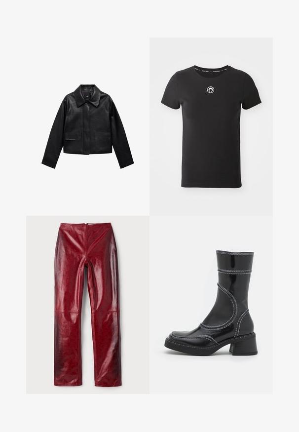 Černá zkrácená kožená bunda s límcem, předním zapínáním na knoflíky a dvěma velkými kapsami s klopami. Hladká textura a strukturovaný tvar.; Černé tričko s krátkým rukávem vyrobené z bavlny. Obsahuje kulatý výstřih a malé bílé logo na hrudi. Hladká textura.; Červené kalhoty z faux kůže s lesklým povrchem, s jemným embosovaným vzorem, rovnými nohavicemi a zapínáním na zip na zadní straně.; Černé lakované kotníkové boty s bílým prošíváním, kulatou špičkou a blokovým podpatkem. Charakteryzují se zakřivenými designovými liniemi a hladkým povrchem.