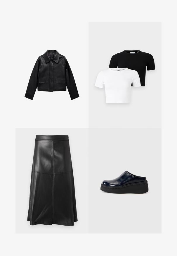 Black cropped leather jacket with a collar, front button closure, and two large flap pockets. Smooth texture and structured shape.; Set of two short-sleeve cropped T-shirts in black and white, made of ribbed fabric with a round neckline and a fitted design.; Black leather A-line skirt with a smooth texture, featuring vertical seam detailing and a waistband. Hem falls just below the knee.; Navy blue patent leather clog with a smooth finish, featuring a thick black platform sole and visible stitching along the base.