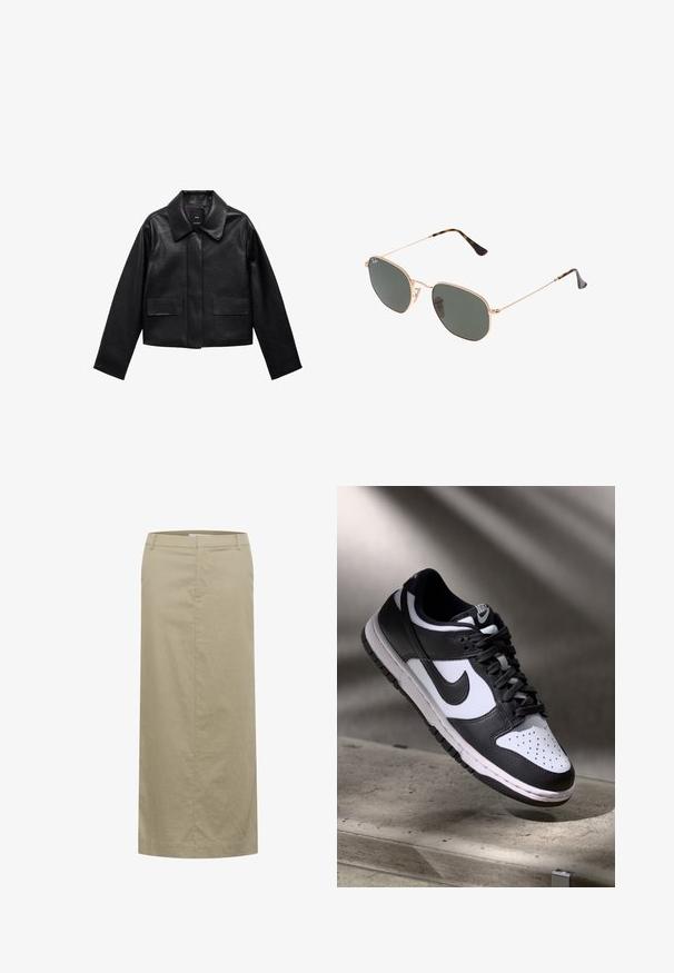 Zwart cropped leren jasje met een kraag, sluiting met voorste knopen en twee grote klepzakken. Vlotte textuur en gestructureerde vorm.; Witte t-shirt met korte mouwen, gemaakt van zachte katoen, met een ronde halsline en raglanmouwen. Het heeft een ontspannen, rechte snit en is zonder patronen.; Beige linnen midi rok met een platte tailleband, zijzakken en een rechte silhouet. De rok heeft minimale stiksels en geen zichtbare hardware.; Zwart-witte Nike Dunk Low sneaker met een leren bovenwerk, geperforeerde neus, en zwarte veters, met een witte zool en logo-accenten.; Gouden metalen zonnebril met donkergroene lenzen, aviator-stijl, met slanke scharnieren en schildpad-accenten op de uiteinden.; Zwarte gewatteerde leren handtas met een kettingband en een decoratieve charme. Zachte textuur, gestructureerde vorm en een slouchy silhouet.