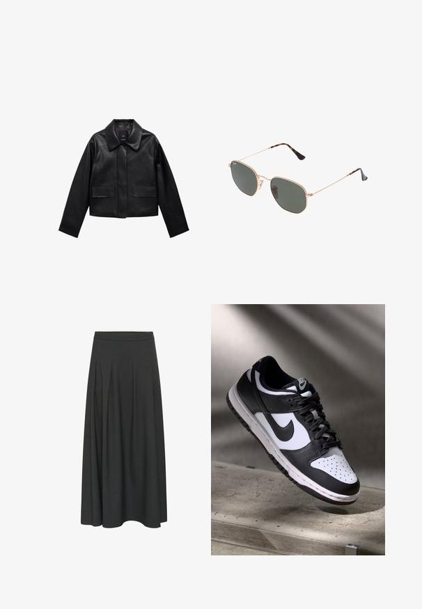 Schwarze, cropped Lederjacke mit Kragen, vorderem Knopfverschluss und zwei großen Klappentaschen. Glatte Textur und strukturierte Form.; Weißes, kurzärmliges T-Shirt aus weicher Baumwolle mit rundem Ausschnitt und Raglanärmeln, das einen lockeren, geraden Schnitt ohne Muster aufweist.; Langer, dunkelgrauer A-Linien-Rock mit einem taillierten Bund und dezenten Falten, die vom Bund bis zum Saum verlaufen.; Schwarz-weißer Nike Dunk Low Sneaker mit Lederobermaterial, perforiertem Zehenbereich und schwarzen Schnürsenkeln, ausgestattet mit einer weißen Sohle und Logo-Akzenten.; Goldfarbene Metallrahmen-Sonnenbrillen mit dunkelgrünen Gläsern im Pilotenstil, mit schlanken Bügeln und Schildpatt-Akzenten an den Spitzen.; Schwarze, gesteppte Lederhandtasche mit einer Kettenriemen, die über einen dekorativen Anhänger verfügt. Weiche Textur, strukturierte Form und lässige Silhouette.