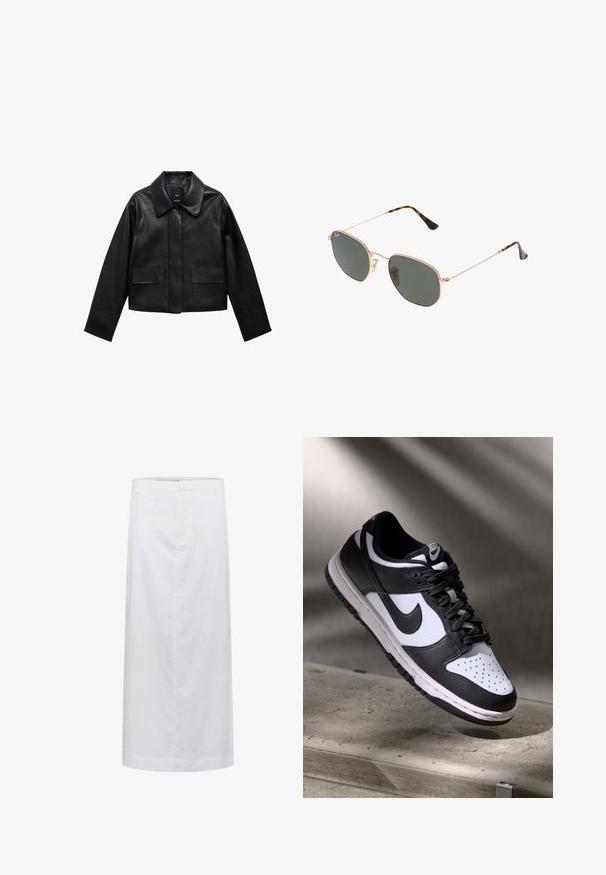 Veste en cuir noire courte avec col, fermeture à boutons sur le devant et deux grandes poches à rabat. Texture lisse et forme structurée.; T-shirt blanc à manches courtes en coton doux, avec un col rond et des manches raglan, présentant une coupe droite et décontractée sans motifs.; Jupe midi en lin blanc avec une coupe droite, présentant une texture lisse, des coutures minimales et une ceinture pour un ajustement sur mesure.; Sneaker Nike Dunk Low en noir et blanc avec tige en cuir, boîte à orteils perforée et lacets noirs, dotée d'une semelle blanche et d'accents de logo.; Lunettes de soleil en métal doré avec des verres vert foncé, de style aviateur, dotées de branches fines et d'accents en écaille de tortue sur les embouts.; Sac à main en cuir matelassé noir avec une bandoulière en chaîne et un charm décoratif. Texture douce, forme structurée et silhouette décontractée.