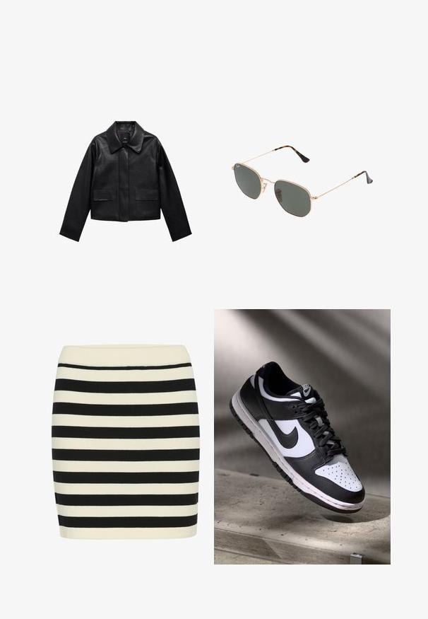 Czarna skórzana kurtka w kroju cropped z kołnierzem, z przodem zapinanym na guziki oraz dwoma dużymi kieszeniami z klapkami. Gładka faktura i zarysowany kształt.; Biała koszulka z krótkim rękawem wykonana z miękkiej bawełny, o okrągłym dekolcie i raglanowych rękawach, charakteryzująca się luźnym, prostym krojem bez wzorów.; Spódnica dzianinowa w czarne i kremowe paski, dopasowany krój, z prążkowanym paskiem w talii. Poziome paski różnią się szerokością, co nadaje wizualnej tekstury.; Czarno-białe sneakersy Nike Dunk Low z cholewką skórzaną, perforowanym noskiem i czarnymi sznurowadłami, z białą podeszwą i akcentami logo.; Złote okulary przeciwsłoneczne w stylu aviatora z ciemnozielonymi soczewkami, z wąskimi ramionami i akcentami w panterkę na końcach.; Czarna torebka z pikowanej skóry z łańcuszkowym paskiem, ozdobiona dekoracyjnym charms. Miękka faktura, zarysowana forma i luźna sylwetka.