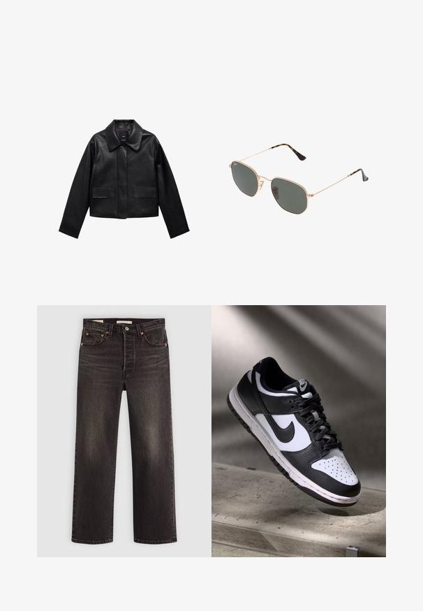 Černá zkrácená kožená bunda s límcem, předním zapínáním na knoflíky a dvěma velkými kapsami s klopami. Hladká textura a strukturovaný tvar.; Bílá krátká tričko s krátkým rukávem vyrobené z měkké bavlny, s kulatým výstřihem a raglánovými rukávy, s uvolněným, rovně střiženým stykem bez vzorů.; Černé džíny z denimu se středním střihem. Obsahují měděné nýty a kapsy. Hladká textura a mírně vybledlý povrch.; Černobílé tenisky Nike Dunk Low s koženým svrškem, perforovanou špičkou a černými tkaničkami, s bílou podrážkou a akcenty loga.; Sluneční brýle s kovovým zlatým rámem a tmavě zelenými skly, styl aviatorek, s úzkými obroučkami a želvovinovými akcenty na špičkách.