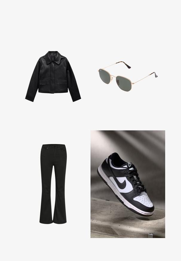 Schwarze, cropped Lederjacke mit Kragen, vorderem Knopfverschluss und zwei großen Klappentaschen. Glatte Textur und strukturierte Form.; Weißes, kurzärmliges T-Shirt aus weicher Baumwolle mit rundem Ausschnitt und Raglanärmeln, das einen lockeren, geraden Schnitt ohne Muster aufweist.; Schwarze Schlagjeans mit glatter Textur, ausgestattet mit einem klassischen Fünf-Taschen-Design und einem Metallknopfverschluss. Tailliert für eine figurnahe Passform.; Schwarz-weißer Nike Dunk Low Sneaker mit Lederobermaterial, perforiertem Zehenbereich und schwarzen Schnürsenkeln, ausgestattet mit einer weißen Sohle und Logo-Akzenten.; Goldfarbene Metallrahmen-Sonnenbrillen mit dunkelgrünen Gläsern im Pilotenstil, mit schlanken Bügeln und Schildpatt-Akzenten an den Spitzen.