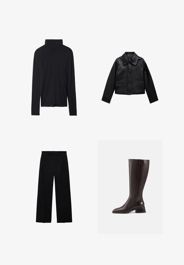 Schwarze, cropped Lederjacke mit Kragen, vorderem Knopfverschluss und zwei großen Klappentaschen. Glatte Textur und strukturierte Form.; Schwarzes Langarm-Thermo-Oberteil mit taillierter Passform, glatter Textur und hohem Kragen, mit abgesteppten Säumen und ohne sichtbare Muster.; Schwarze hochtaillierte Weitbeinhosen mit Gürtelschlaufen und seitlichen Taschen, ausgestattet mit einem Reißverschluss und Knopfverschluss vorne.; Knöchelhohe, braune Lederstiefel mit glatter Oberfläche, abgerundeter Spitze und gestapeltem schwarzen Absatz. Schlichtes Design mit minimalen Hardware-Details.