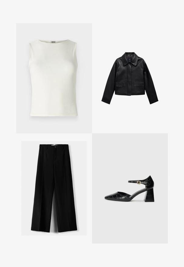 Crna skraćena kožna jakna s kragnom, prednjim kopčanjem na dugmad i dva velika džepa s preklopom. Glatka tekstura i oblik s jasnim linijama.; Bijela majica bez rukava napravljena od glatkog materijala, s okruglim izrezom i čistim rubovima, uz prilagodljiv siluetu. Vidljiva oznaka brenda.; Crne široke hlače izrađene od lagane tkanine, s prednjim zatvaranjem na dugme i ravnim prednjim dijelom, sa uredno šivenim rubovima.; Crna lakirana visoka potpetica s izoštrenim prstom, remenom oko gležnja i teksturiranom krokodilskom šablonom. Dizajn kvadratne blok potpetice.