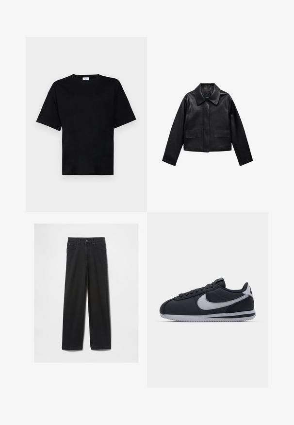 Sort cropped læderjakke med krave, frontlukning med knapper og to store flaplommer. Glat tekstur og struktureret form.; Sort kortærmet t-shirt i en afslappet pasform, lavet af blødt stof, med rund halsudskæring og uden fremtrædende mønstre eller accenter.; Sorte denim jeans med lige ben-design, der har fem lommer og lynlås, fremstillet af et tykt, holdbart stof.; Sort atletisk sko med grå accenter, glat syntetisk overdel, tekstureret sål, afrundet tå og flade snørebånd. Klassisk design med logodetalje.