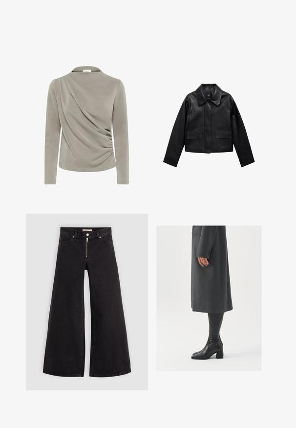 Black cropped leather jacket with a collar, front button closure, and two large flap pockets. Smooth texture and structured shape.; Long-sleeve top in light gray fabric, featuring draped detailing on one side and gathered texture at the waist. Smooth, soft finish.; Wide-leg jeans in black denim with a zippered front, five-pocket design, and subtle stitching details. Smooth texture and casual style.; Gray, tailored overcoat with a straight cut; paired with knee-high black leather boots featuring a square toe and chunky heel.