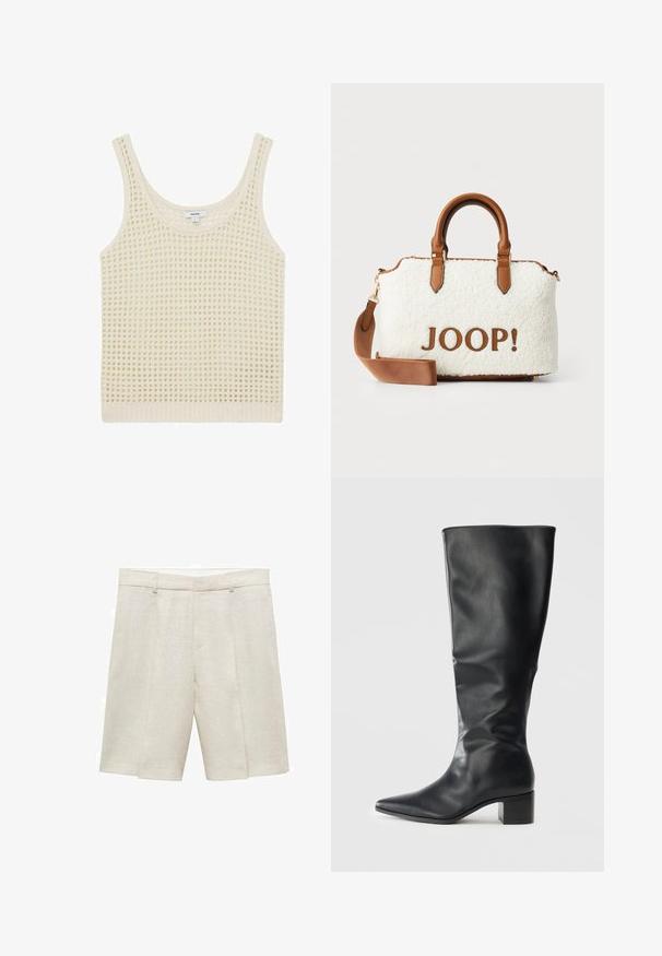 Jachetă din piele neagră, scurtă, cu guler, închidere cu buton în față și două buzunare mari cu clapetă. Textură netedă și formă bine definită.; Top de damă crem, cu un model deschis de tricotare și bretele late. Terminată cu un tiv rib, oferind un aspect texturat.; Pantaloni scurți bej din in, cu o croială adaptată, având un față plată, pliuri duble și bucle pentru curea. Textură netedă, lungime până la mijlocul coapsei.; Botine din piele negre, cu lungimea până la genunchi, cu vârf ascuțit și toc pătrat, văzute din lateral pe un fundal simplu.; Geantă albă din material plușat cu accente și mânere din piele maro. Prezintă un logo "JOOP!" în nuanța maro. Include o curea de umăr detașabilă.