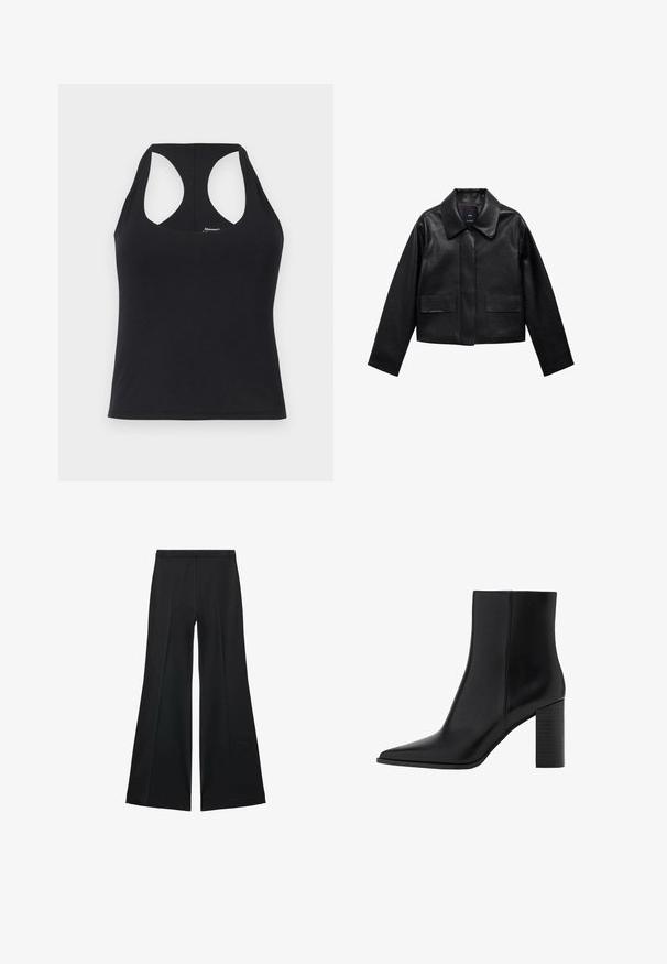 Crna skraćena kožna jakna s kragnom, prednjim kopčanjem na dugmad i dva velika džepa s preklopom. Glatka tekstura i oblik s jasnim linijama.; Crna majica bez rukava od glatkog, rastezljivog materijala s izrezom u obliku luke i dizajnom s racerback stilom. Ima ravni rub i minimalno brendiranje.; Crne široke hlače s glatkom teksturom, koje imaju prednje nabore i kroj po mjeri. Tkanina je lagana i lepršava.; Crne kožne čizme do gležnja s izduženim nožnim prstom, kvadratnim potplatom, glatkom teksturom i detaljima šavova duž šavova. Potpetice su visoke približno 8,9 centimetara.