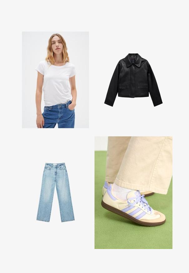 Sort cropped læderjakke med krave, frontlukning med knapper og to store flaplommer. Glat tekstur og struktureret form.; Hvid kortærmet t-shirt med rund halsudskæring, lavet af blødt materiale, parret med blå jeans med klassisk pasform og fem-lomme design.; Lyseblå denim bukser med bred benvidde og høj talje, præget af en falmet vask og små, spredte slidte detaljer overalt.; Creme og lavendel sneakers med tre striber og en tekstureret brun sål, der har snørebånd og en polstret hæl. Blødt stof øvre.
