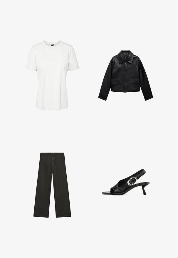 Schwarze, cropped Lederjacke mit Kragen, vorderem Knopfverschluss und zwei großen Klappentaschen. Glatte Textur und strukturierte Form.; Weißes, kurzärmliges T-Shirt aus Baumwolle mit rundem Ausschnitt und lockerer Passform. Glatte Textur und keine sichtbaren Muster oder Verzierungen.; Schwarz-weiße, weit geschnittene Jeans mit mittelhohem Bund, zwei Vorderentaschen und einem klaren, minimalistischen Design ohne sichtbare Verzierungen.; Schwarzer Leder-Slingback-Schuh mit offener Spitze, der eine silberne ovale Schnalle am Riemen und einen schlanken Blockabsatz aufweist. Glatte Textur.