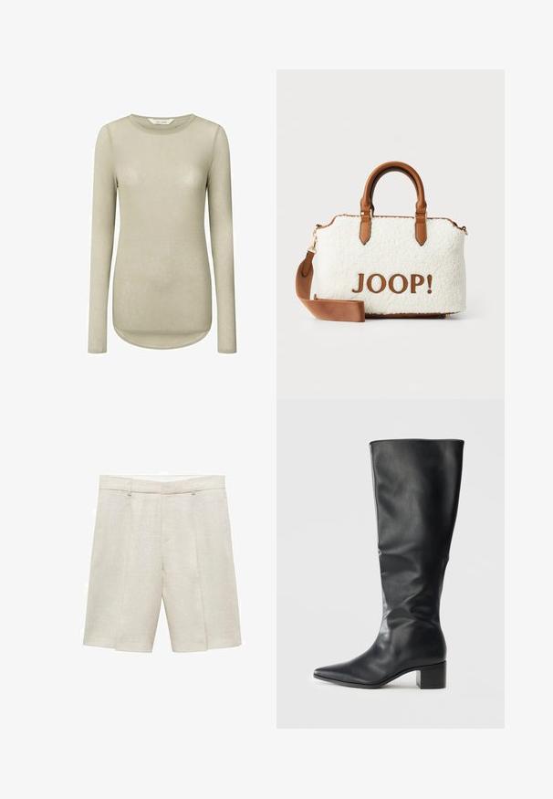Sort cropped læderjakke med krave, frontlukning med knapper og to store flaplommer. Glat tekstur og struktureret form.; Lys beige langærmet skjorte med rund hals og buet kant. Lavet af blød, glat stof med minimale sømme og uden mønstre.; Beige linned shorts med en skræddersyet pasform, der har en glat front, dobbelte plisseringer og bæltestropper. Glat tekstur, længde til midten af låret.; Sort knæhøj læderstøvle med spids tå og blokhæl, set fra siden mod en ensfarvet baggrund.; Hvid plyskurv med brune læderdetaljer og håndtag. Har et "JOOP!" logo i brun. Inkluderer en aftagelig skulderrem.