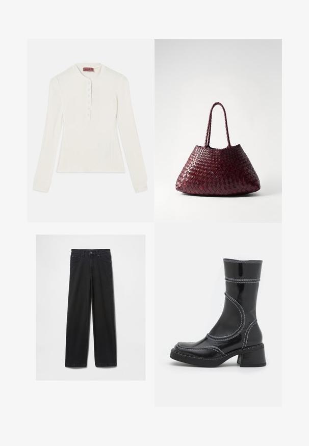 Schwarze, cropped Lederjacke mit Kragen, vorderem Knopfverschluss und zwei großen Klappentaschen. Glatte Textur und strukturierte Form.; Langärmliges, weißes Rippenoberteil mit einem Henley-Ausschnitt und einer Knopfleiste mit sechs Knöpfen, ausgestattet mit schmalen Bündchen und einer leicht taillierten Form.; Schwarze Denim-Jeans mit geradem Schnitt, ausgestattet mit fünf Taschen und einem Reißverschluss, hergestellt aus einem dicken, strapazierfähigen Stoff.; Schwarze Lackleder-Ankle Boots mit weißen Nähten, abgerundeter Zehe und Blockabsatz. Besitzt geschwungene Designlinien und eine glatte Textur.; DRAGON DIFFUSION SANTA CROCE BIG - Handtasche - bordo