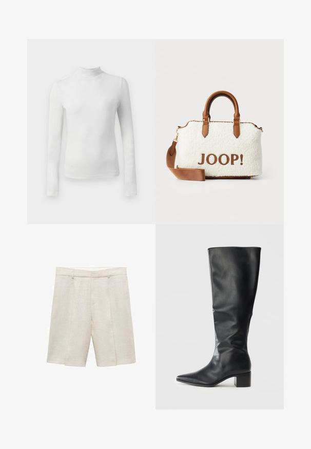 Sort cropped læderjakke med krave, frontlukning med knapper og to store flaplommer. Glat tekstur og struktureret form.; Hvid langærmet turtleneck top lavet af et struktureret, glitrende materiale. Har en tætsiddende pasform og en høj halsudskæring.; Beige linned shorts med en skræddersyet pasform, der har en glat front, dobbelte plisseringer og bæltestropper. Glat tekstur, længde til midten af låret.; Sort knæhøj læderstøvle med spids tå og blokhæl, set fra siden mod en ensfarvet baggrund.; Hvid plyskurv med brune læderdetaljer og håndtag. Har et "JOOP!" logo i brun. Inkluderer en aftagelig skulderrem.