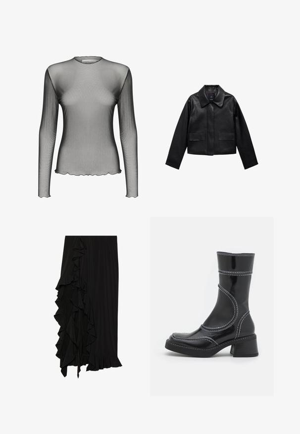 Zwart cropped leren jasje met een kraag, sluiting met voorste knopen en twee grote klepzakken. Vlotte textuur en gestructureerde vorm.; Mesh lange mouwen top van doorschijnende zwarte stof met een ronde halslijn en gegolfde randen; heeft een gladde textuur en een lichtgewicht ontwerp.; Zwarte rok van zachte stof met een gerimpelde rand aan de linkerkant en een flonkerendezoom aan de onderkant, wat een vloeiende silhouette creëert.; Zwarte lakleren enkellaars met witte stiksels, ronde neus en blokhak. Kenmerkt zich door gebogen ontwerplijnen en een gladde textuur.