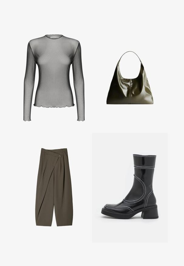 Musta lyhyt nahkatakki, jossa on kaulus, etupuolella napitus ja kaksi suurta läppätaskua. Sileä pinta ja muotoiltu rakenne.; Verkkopaita pitkähihaisena läpinäkyvästä mustasta kankaasta, jossa on pyöreä kaula-aukko ja sahalaitaiset reunat; ominaisuuksina sileä rakenne ja kevyt muotoilu.; Housut, joissa on leveä malli tummanoliivinvihreässä kankaassa, pleat-edessä, napin sulkeminen ja kiiltävä, tekstuuri pinta.; Musta lakattu nahkasaapas nilkkamallissa, jossa on valkoiset ompeleet, pyöreä kärki ja lohkarekorko. Ominaisuuksiin kuuluvat kaarevat muotoilulinjat ja sileä pinta.; Oliivivihreä, nahkainen olkalaukku, jossa on sileä, kiiltävä pinta. Ominaisuuksiin kuuluu pyöristetty yläosa ja pehmeä, roikkuva muoto. Minimalistinen muotoilu.