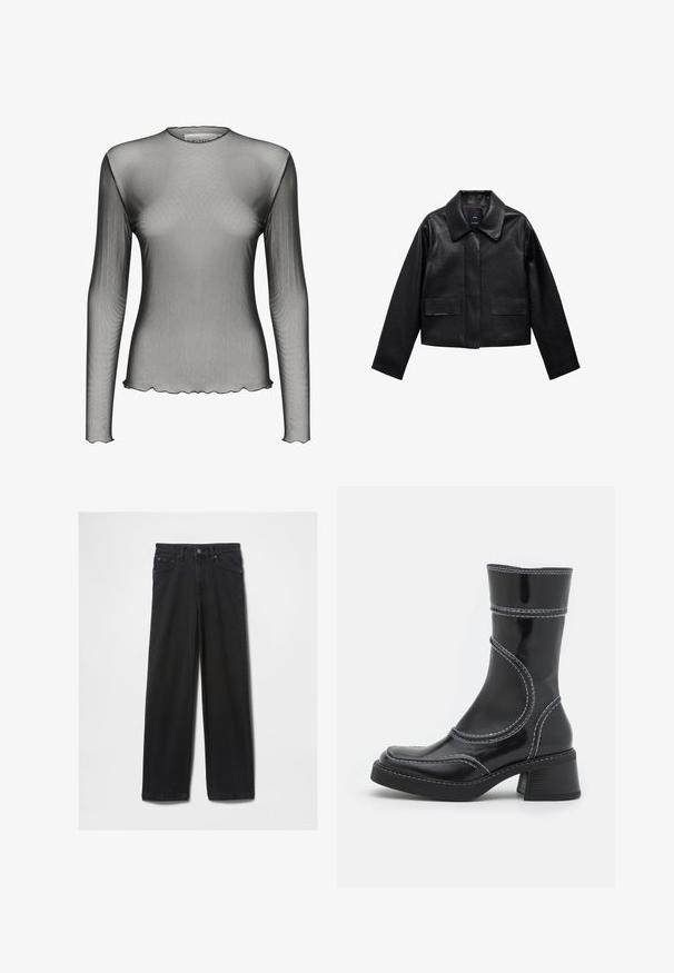 Black cropped leather jacket with a collar, front button closure, and two large flap pockets. Smooth texture and structured shape.; Mesh long-sleeve top in sheer black fabric with a round neckline and scalloped edges; features a smooth texture and lightweight design.; Black denim jeans with a straight-leg design, featuring five pockets and a zip fly, made from a thick, durable fabric.; Black patent leather ankle boot with white stitching, rounded toe, and block heel. Features curved design lines and a smooth texture.