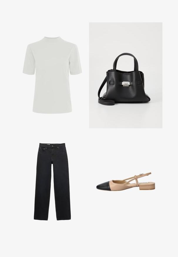 Crna skraćena kožna jakna s kragnom, prednjim kopčanjem na dugmad i dva velika džepa s preklopom. Glatka tekstura i oblik s jasnim linijama.; ICHI IHRANIA - Osnovna majica kratkih rukava - cloud dancer; Crne traperice širokog kroja napravljene od denima, sa pet džepova, kopčanjem na dugme, suptilnim šavovima i ravnim krojem od struka do rubova.; Bež i crna dvobojna slingback cipela s oštrim vrhom, ravnim potplatom i detaljem u obliku križanja traka. Glatka kožna tekstura.; Crna kožna torba s teksturiranim završnim obradom, koja ima dva gornja ručka, odvojivu naramenicu i detalj s srebrnim kopčanjem.