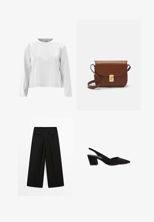 Svart kort läderjacka med krage, knappstängning framtill och två stora fickor med klaff. Slät textur och strukturerad form.; Vit långärmad topp med rund halsringning, tillverkad av mjukt tyg, med minimala sömnadsdetaljer och en avslappnad passform.; Svart vida byxor i ett slätt tyg. Har två bakfickor med lock. Raka fållar och inga synliga mönster eller detaljer.; Svart mocka slingback-pump med spetsad tå och en mitt-höjd geometrisk blockklack. Slät yta och minimalistisk design.; Brun läderhandväska med klaffstängning, guldfärgad hårdvara, axelrem och en slät yta. Kompakt rektangulär form.