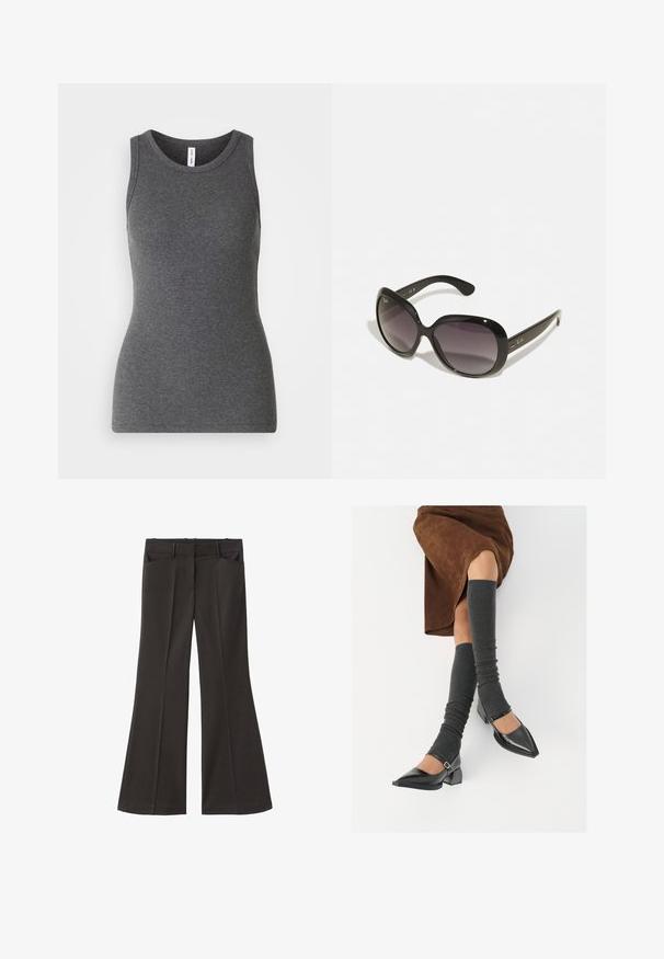 Svart kort läderjacka med krage, knappstängning framtill och två stora fickor med klaff. Slät textur och strukturerad form.; Grå ärmlös linne i ribbat material; har en rund halsringning och en figurnära design. Inga mönster eller ytterligare detaljer.; Svarta utsvängda byxor med hög midja; har två framfickor och en mjuk tygtextur. Lämpliga för olika tillfällen.; Svarta lackläderskor med spetsig tå, blockklack och ankelrem, i kombination med grå ribbade benvärmare och en brun mockakjol.; Svarta solglasögon med överdimensionerade, rundade ramar. Linserna har en gradering från mörkt till ljust. Har en slät, glansig finish och subtila logotypsaccentueringar på bågarna.