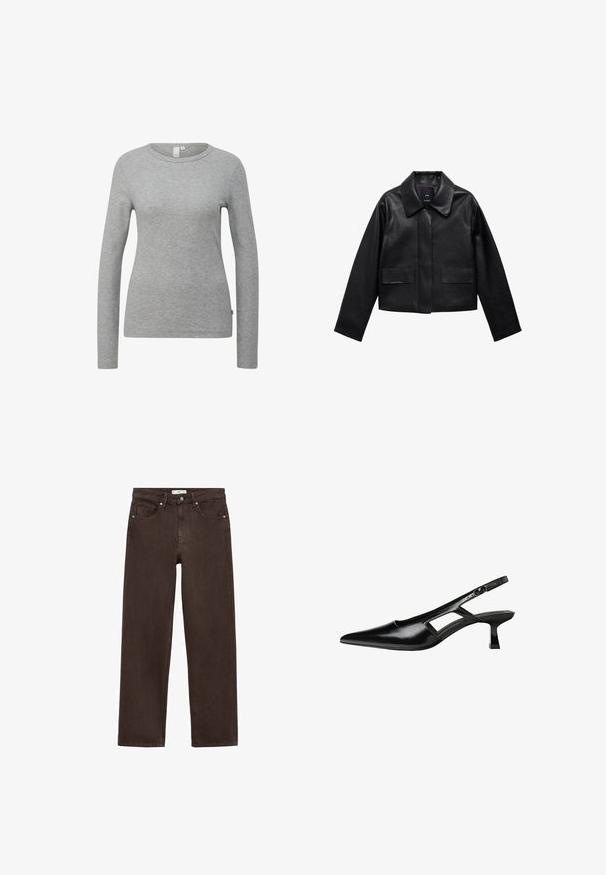 Black cropped leather jacket with a collar, front button closure, and two large flap pockets. Smooth texture and structured shape.; Gray long-sleeve shirt made of textured fabric with a round neckline. Simple design without patterns or notable hardware.; Brown wide-leg jeans made from denim, featuring a classic five-pocket design, button closure, and subtle stitching details.; Black patent leather slingback heels with a pointed toe, cut-out side design, and a small square heel. Smooth texture with minimal accents.