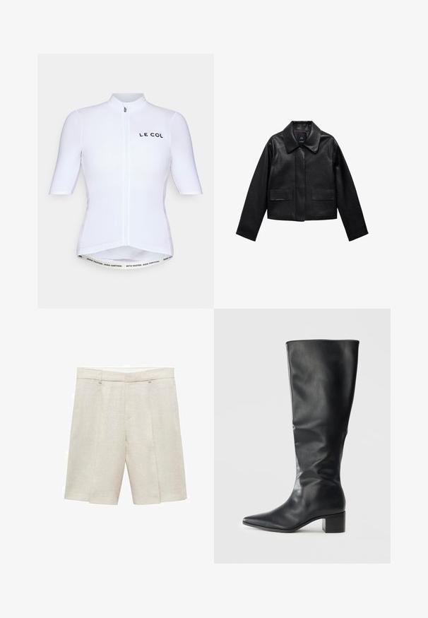 Svart kort läderjacka med krage, knappstängning framtill och två stora fickor med klaff. Slät textur och strukturerad form.; Kortärmad cykeltröja i vitt tyg med dragkedja fram, som har svart "LE COL"-logotyp och ett mönstrat midjeband med text.; Beiga linneshorts med skräddarsydd passform, med platt fram, dubbla veck och bälteshällor. Slät textur, med längd till mitten av låret.; Svart läderstövel med knähöjd, spetsig tå och klack i blockformat, sedd från sidan mot en enkel bakgrund.