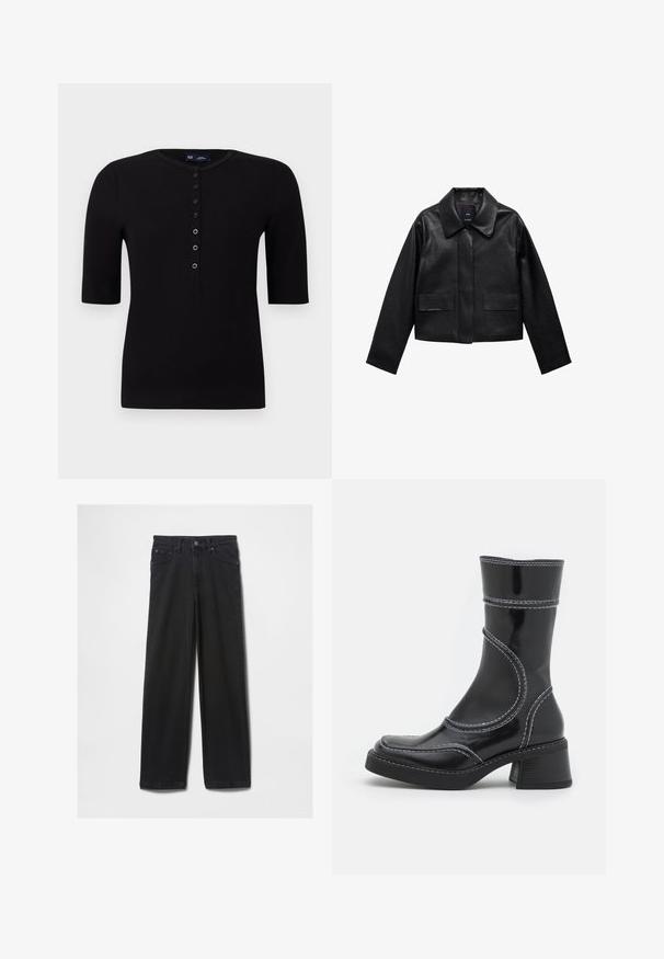 Čierna skrátená kožená bunda s golierom, predným zapínaním na gombíky a dvoma veľkými prekryvnými vreckami. Hladká textúra a štruktúrovaný tvar.; Čierny rebrovaný top s krátkymi rukávmi a okrúhlym výstrihom, so zapínaním na gombíky na prednej strane, s striebornými gombíkmi a priliehavým strihom.; Čierne džínsy s rovnými nohavicami, vybavené piatimi vreckami a zipsom, vyrobené z hrubej a odolnej látky.; Čierne lakované kožené členkové čižmy s bielym prešívaním, zaoblenou špičkou a blokovým podpätkom. Majú zakrivené línie dizajnu a hladkú textúru.