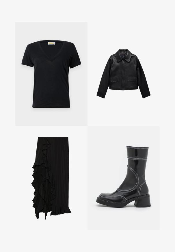 Black cropped leather jacket with a collar, front button closure, and two large flap pockets. Smooth texture and structured shape.; Black v-neck t-shirt made from soft, lightweight fabric. Short sleeves and a simple design without patterns or accents.; Black skirt made of soft fabric with a ruffled detail along the left side and a flounced hem at the bottom, creating a flowing silhouette.; Black patent leather ankle boot with white stitching, rounded toe, and block heel. Features curved design lines and a smooth texture.