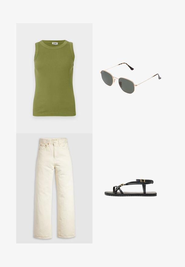 Sort cropped læderjakke med krave, frontlukning med knapper og to store flaplommer. Glat tekstur og struktureret form.; Ærmeløs olivengrøn ribbet tanktop med rund halsudskæring og DRYKORN-mærke indeni kraven.; Vidbenede jeans i offwhite denim med høj talje, kobbernitter og klassisk design med fem lommer. Struktureret stof med rene kanter.; Sorte lædersandaler med tynde stropper og en spændet ankelrem. Flad sål med en tekstureret overflade og zigzag kant. Minimalistisk design.; Guldmetallisk brille med mørkegrønne linser, aviator-stil, med slanke arme og skildpadde-mønstrede detaljer på spidserne.